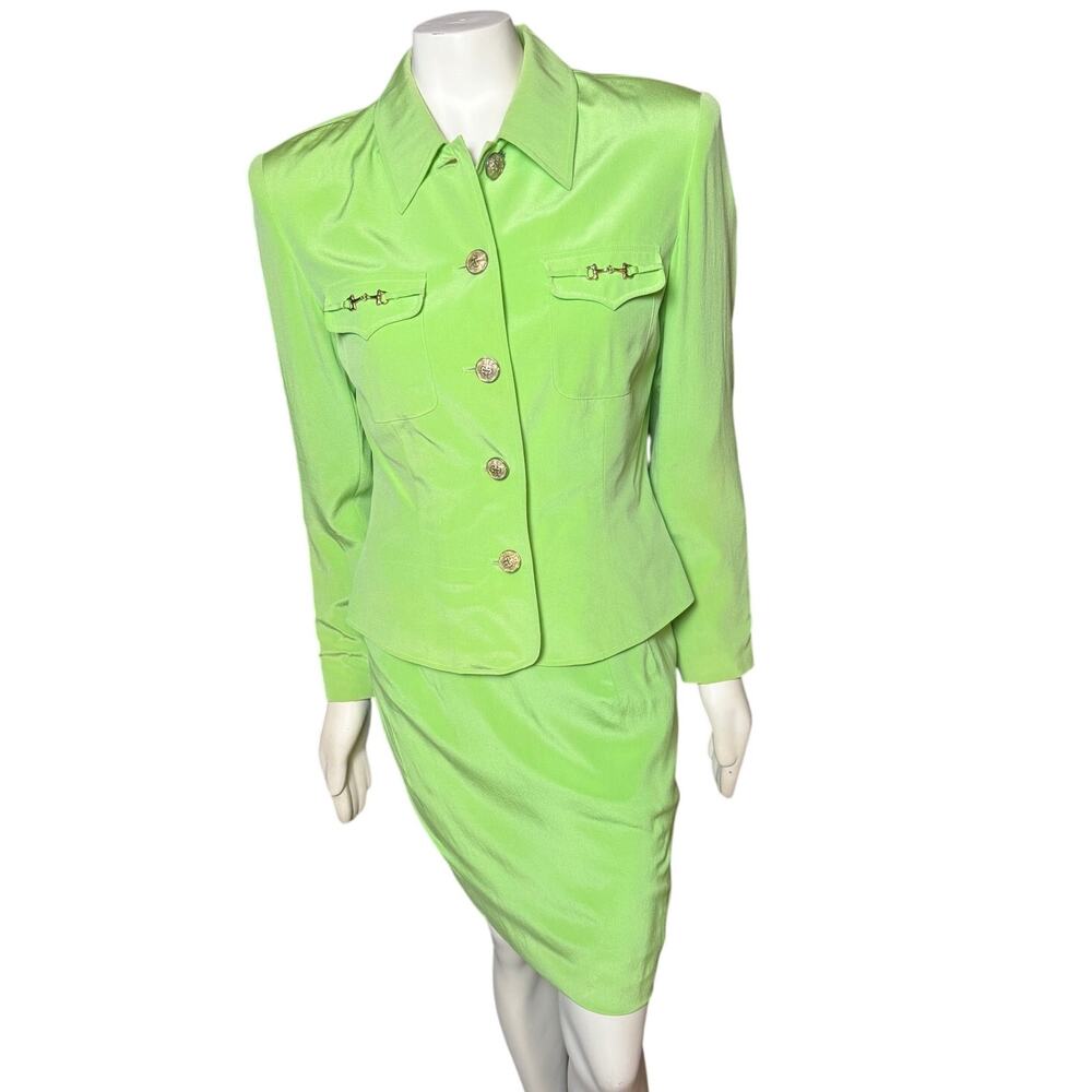 FY 2 Bright Green 100% Silk Women's 2 Piece Lined Suit